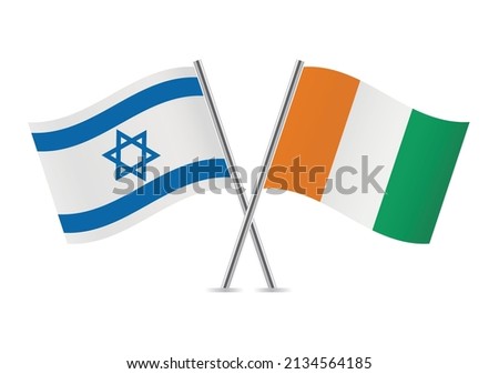 Israel and Ivory Coast crossed flags. Israeli and Ivorian flags, isolated on white background. Vector icon set. Vector illustration.