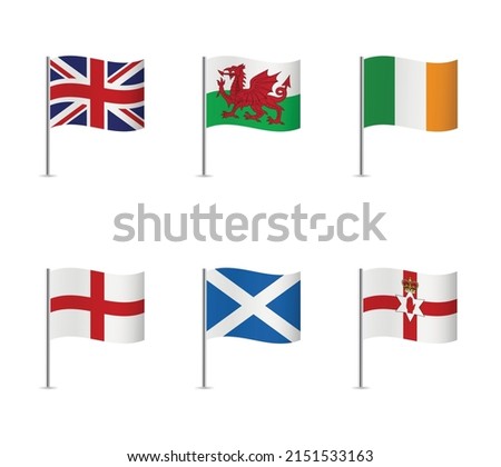Flag Icons of the British Isles. Britain, Wales, Ireland, England, Scotland, Northern Ireland flags. Vector illustration.