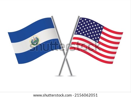 El Salvador and America crossed flags. Salvadoran and American flags on white background. Vector icon set. Vector illustration.