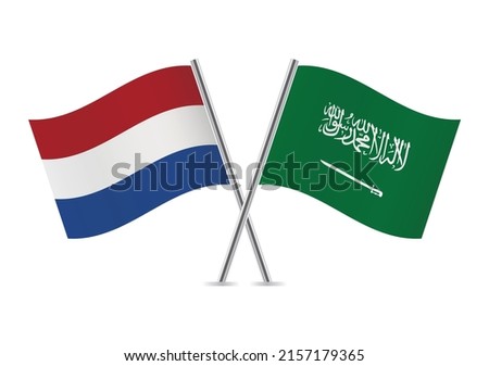 The Netherlands and Saudi Arabia crossed flags. Netherlandish and Saudi Arabian flags on white background. Vector icon set. Vector illustration.