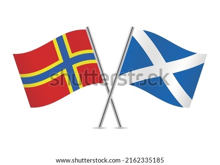 The Orkney Islands and Scotland crossed flags. Orkney and Scottish flags on white background. Vector icon set. Vector illustration.