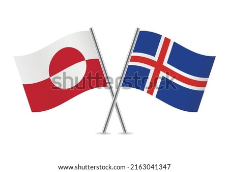 Greenland and Iceland crossed flags. Greenlandic and Icelandic flags on white background. Vector icon set. Vector illustration. 