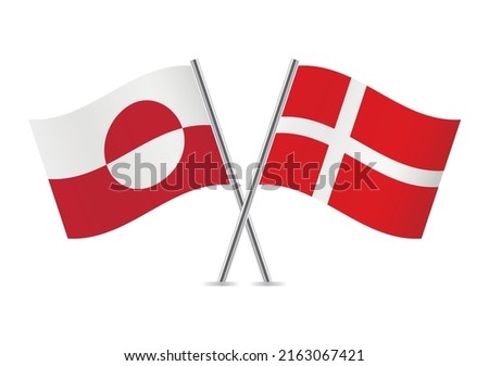 Greenland and Denmark crossed flags. Greenlandic and Danish flags on white background. Vector icon set. Vector illustration. 