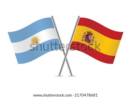 Argentina and Spain crossed flags. Argentinian and Spanish flags on white background. Vector icon set. Vector illustration.