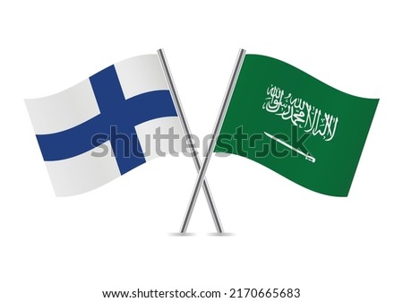 Finland and Saudi Arabia crossed flags. Finnish and Saudi Arabian flags on white background. Vector icon set. Vector illustration.