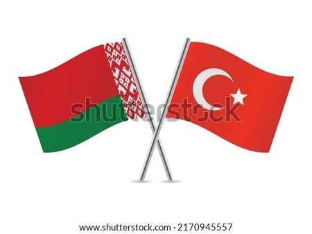 Belarus and Turkey crossed flags. Belarusian and Turkish flags on white background. Vector icon set. Vector illustration.