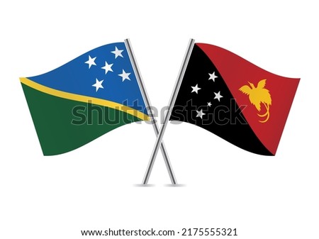 The Solomon Islands and Papua New Guinea crossed flags. The Solomon Islands and Papua New Guinean flags are on white background. Vector illustration.
