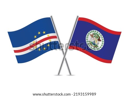 Cabo Verde and Belize crossed flags. Cabo Verdean and Belizean flags on white background. Vector icon set. Vector illustration.