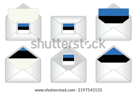 Estonia flag in the envelope. Estonian stamp flag. Opened, closed Estonian letter, isolated on white background.