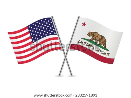 America and the state of California crossed flags. American and California flags on the white background. Vector icon set. Vector illustration. 