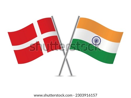 Denmark and India crossed flags. Danish and Indian flags on white background. Vector icon set. Vector illustration.