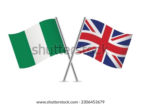 Nigeria crossed and Britain flags. Nigerian and British flags on white background. Vector icon set. Vector illustration.