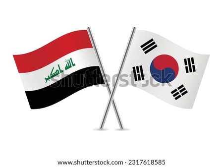 Iraq and South Korea crossed flags. Iraqi and South Korean flags, isolated on white background. Vector icon set. Vector illustration.