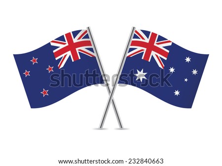 New Zealand and Australia crossed flags. New Zealand and Australian flags on white background. Vector illustration.