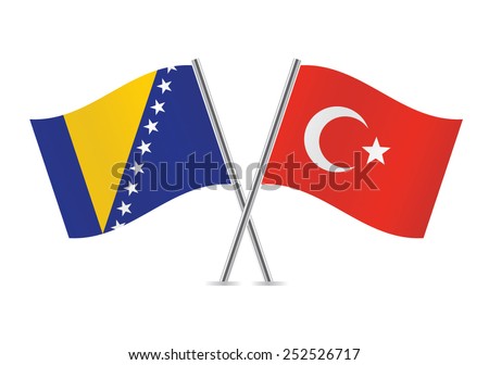 Bosnia and Herzegovina and Turkey flags. Bosnian Herzegovinian and Turkish flags on white background. Vector icon set. Vector illustration. 