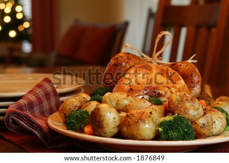 Roast turkey, potatoes, onions, broccoli and carrots, Christmas tree in background.