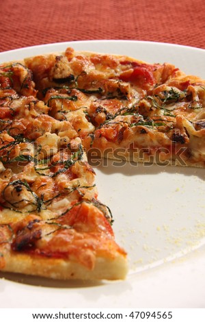 Thin crust pizza. Shallow dof. Focus on the middle of the pizza.