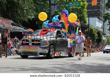 VANCOUVER BRITISH COLUMBIA, CANADA - JULY 31: Colorfully dressed participants during the annual gay pride parade on July 31 2011 in Vancouver, B.C. Canada.