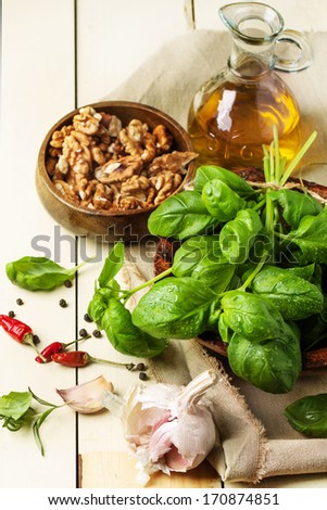 Bunch of fresh basil, bowl of walnuts, pepper, garlic and glass bottle of olive oil served on white wooden table. See series