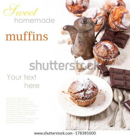 Homemade muffins with powdered sugar, dark chocolate and vintage teapot over white with sample text