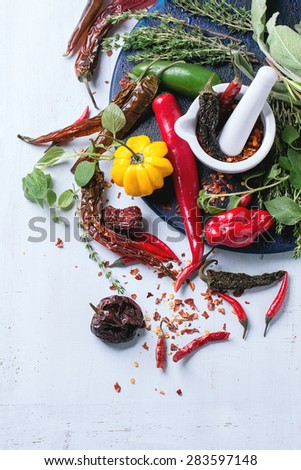 Assortment of fresh, dryed and flakes hot chili peppers and fresh herbs with white ceramic mortar on dark blue cutting board over light blue wooden background. Top view