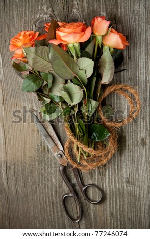Top view on bunch of orange roses with old scissors on old wooden table