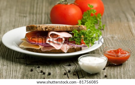 White plate with fresh sandwich with cheese, ham and tomato and tow kind of sauces on old wooden table