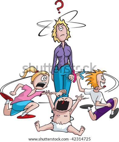 A cartoon mother and her wound up kids. Mother and all three children are on separate layers.