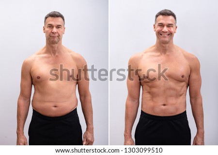 Portrait Of A Mature Man Before And After Weight Loss On White Background. Body shape was altered during retouching Stockfoto © 