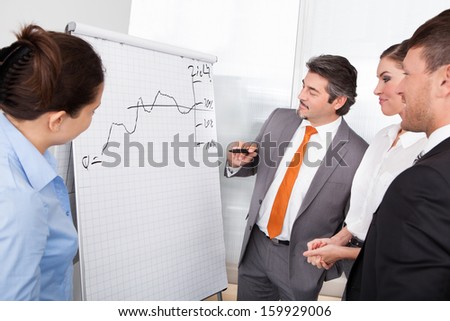 Group Of Happy Businesspeople Discussing Plan Drawn On Flipchart