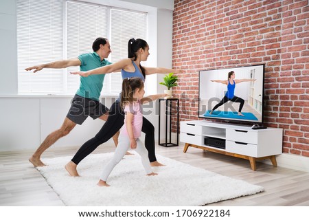 Fit Family Doing Home Online Stretching Yoga Fitness Exercise Сток-фото © 