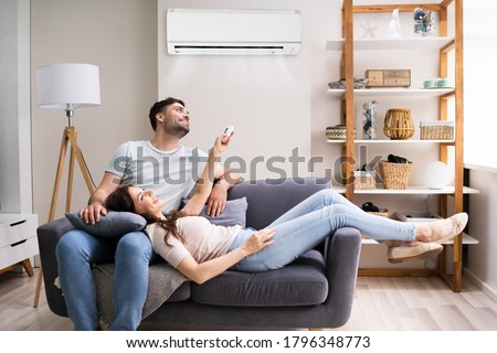Happy Woman Holding Air Conditioner Remote Control ストックフォト © 