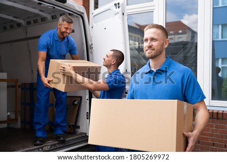 Similar – Image, Stock Photo Close-up of a moving box on the bathroom and office is