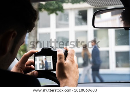 Private Detective Spying. Investigation And Surveillance With Camera Foto stock © 