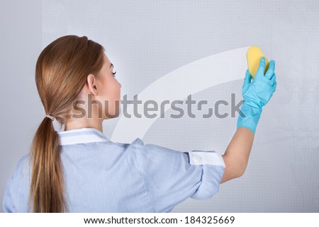Rear View Of Young Maid Cleaning Glass With Sponge