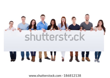 Diverse group of people presenting banner. Isolated on white