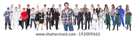 Smiling diverse people with different occupations standing over white background