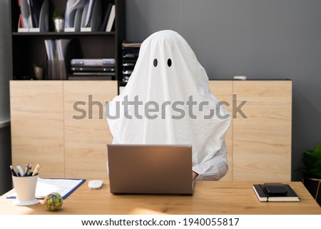 Image, Stock Photo Anonymous male writer with cardboard box near vintage typewriter