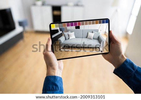Furniture AR Smartphone Designer Application. Augmented Reality Sofa Stok fotoğraf © 