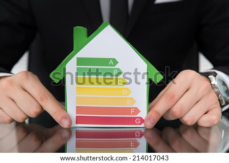 Cropped image of businessman showing energy efficient chart on house model in office