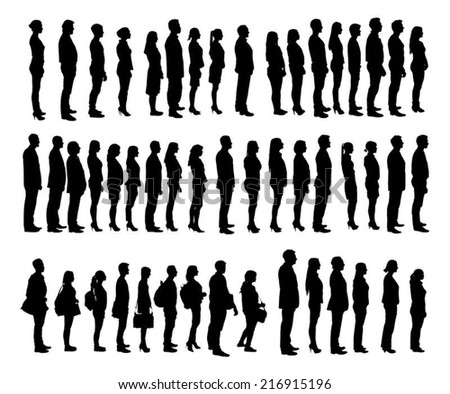 Collage of silhouette people standing in line against white background. Vector image