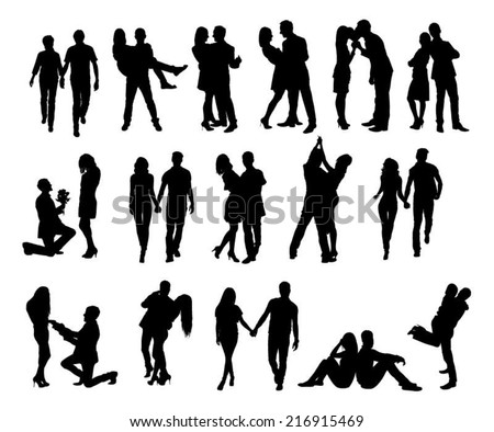 Full length of silhouette couple doing various activities against white background. Vector image