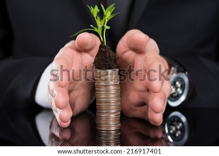 Cropped image of businessman protecting plant on stacked coins at desk