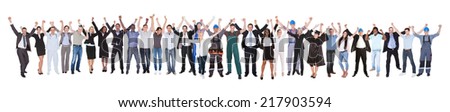 Full length of excited people with different occupations celebrating success over white background
