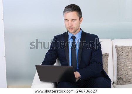 Portrait Of A Happy Businessman Using Laptop Sitting On Couch