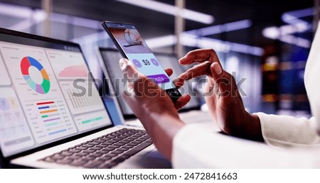 Similar – Image, Stock Photo Woman using smartphone at airport