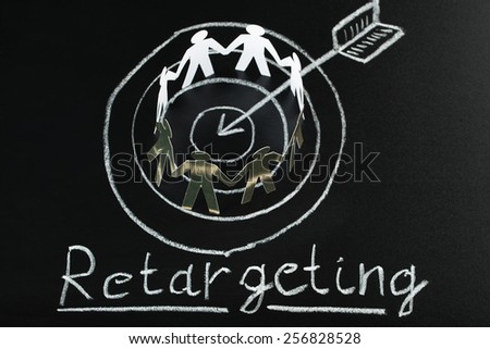 Circle Of Target Group Over Dart And Arrow Drawn With Retargeting Word On Blackboard
