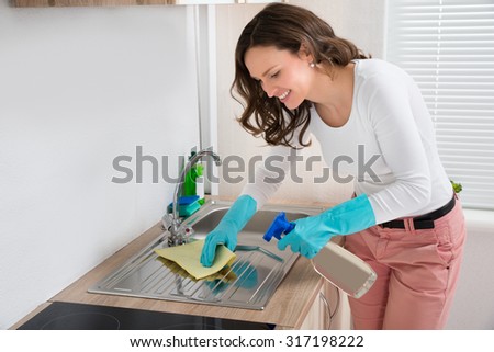 Cheerful Woman Cleaning Stainless Steel Sink In Kitchen