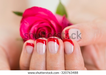 Close-up Of Manicured Nail With Red Nail Varnish Holding Rose