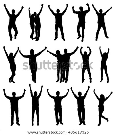 Set Of Excited People Silhouettes. Vector Image